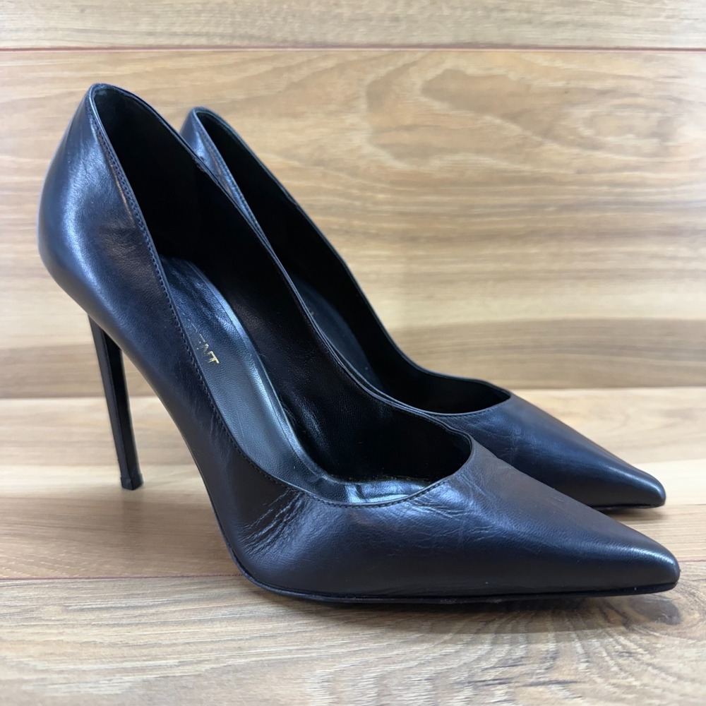 Saint Laurent Paris Pointed Toe Pumps Heel 7 EU 37 Black Leather Formal Business - Picture 4 of 10